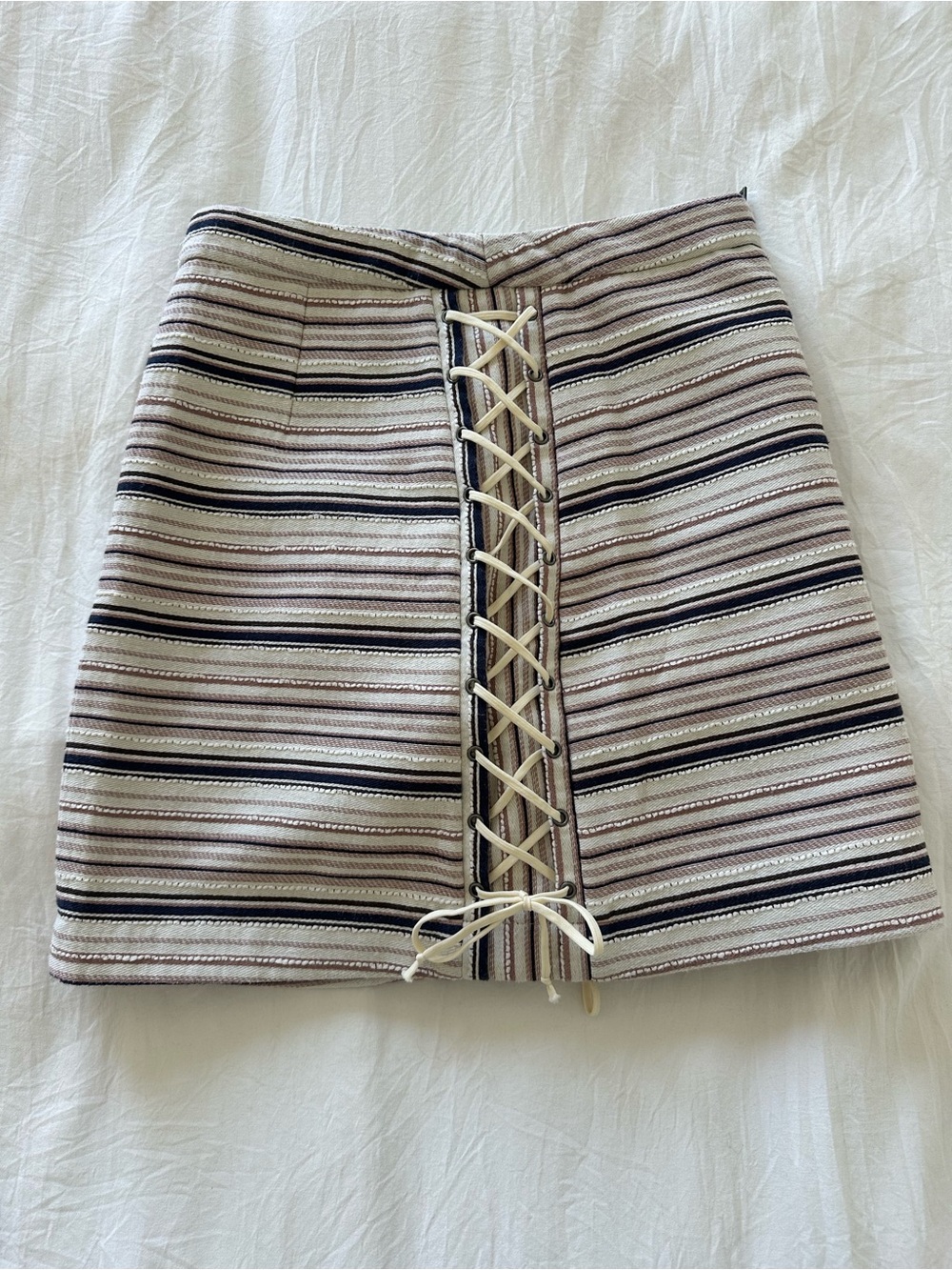 Striped linen Skirt in Cream, nave blue and brown